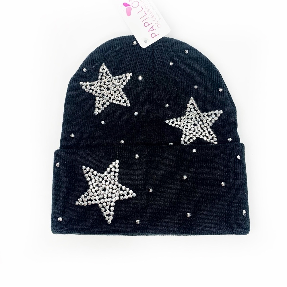 Black Rhinestone Star Beanie • Sparkly Hat • Knit Cap NWT